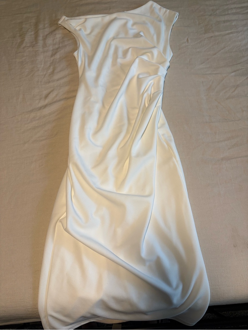 One-Shoulder White Draped Midi Dress